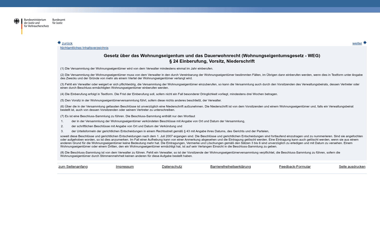 Screenshot von § 24 Abs. 2 und 3 WEG zum Einberufungsverlangen und zur Ersatzeinberufung
