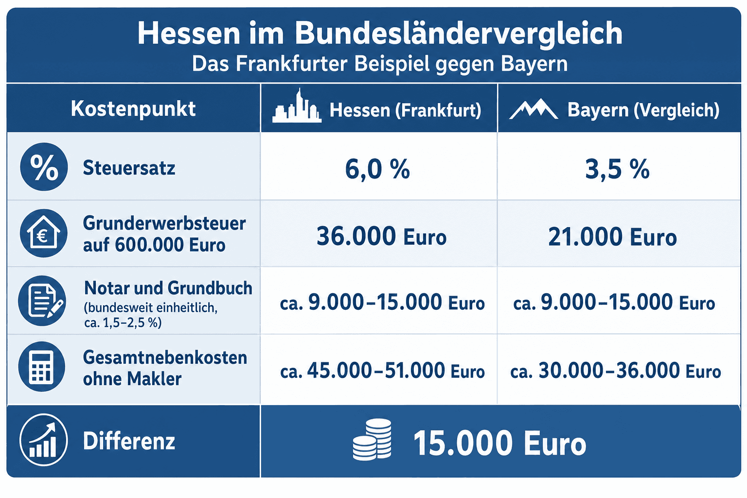 Infografik: Hessen im Bundesländervergleich: Das Frankfurter Beispiel gegen Bayern Spalte 1: Steuersatz | Hessen (Frankfurt): 6,0 %...