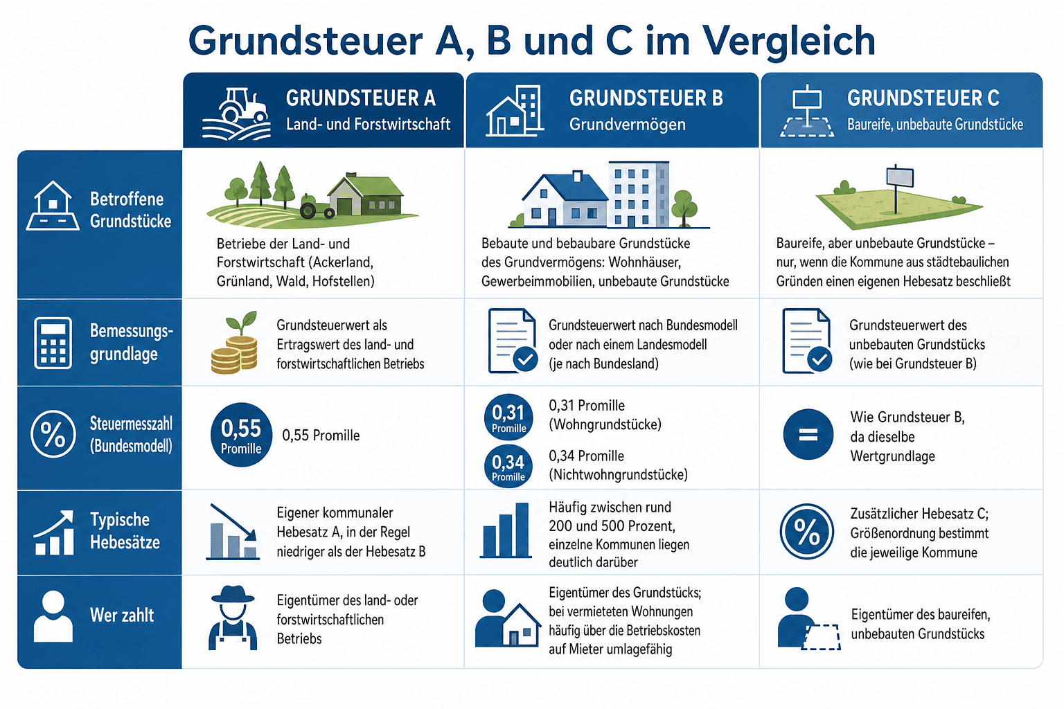 Infografik: Grundsteuer A und B im Vergleich: Was unterscheidet die Grundsteuerarten? Merkmal: Betroffene Grundstücke | Grundsteuer...
