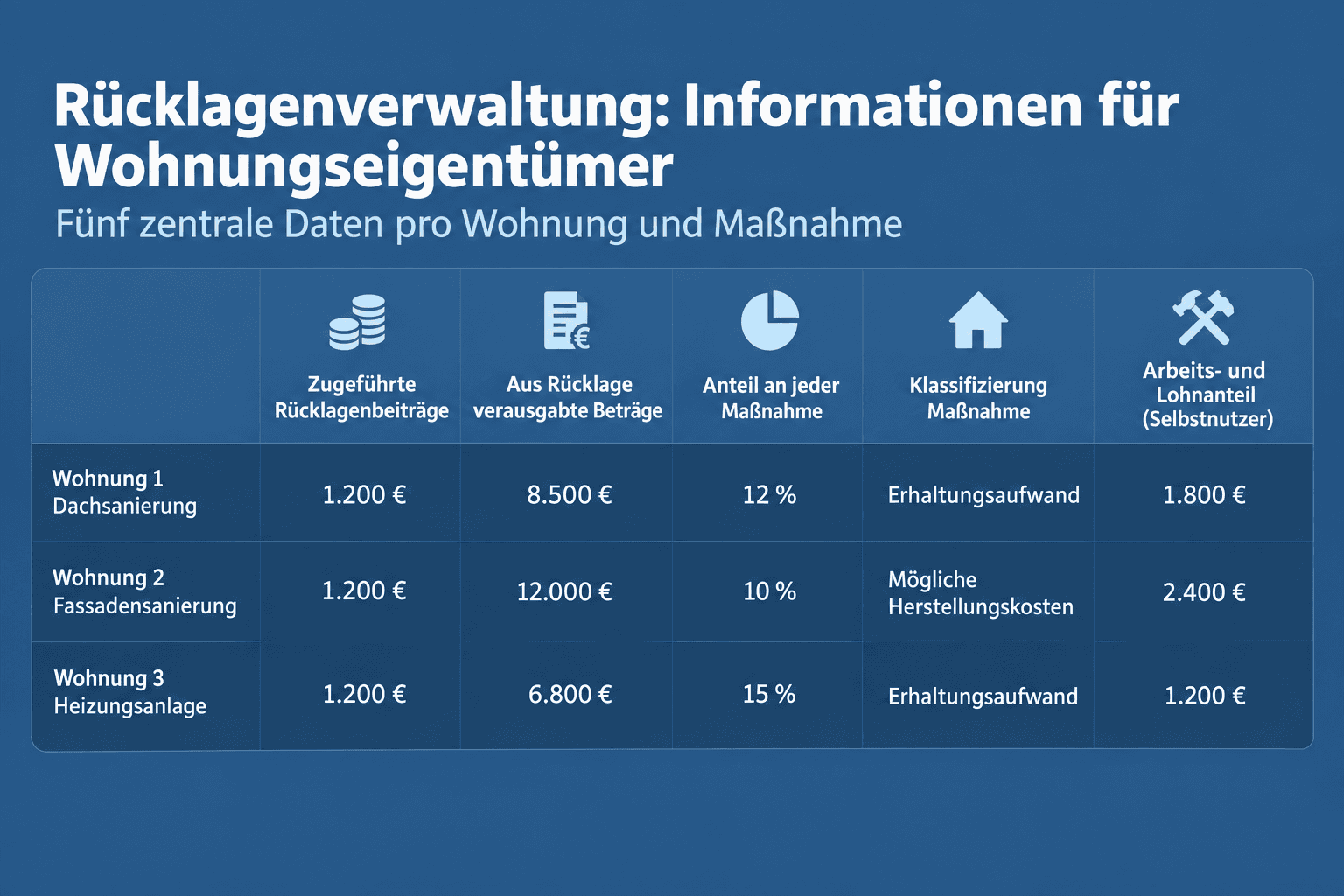 Infografik: Praktische Folge: Was Eigentümer vom Verwalter brauchen - die im Jahr zugeführten Rücklagenbeiträge je Wohnung, - die im...