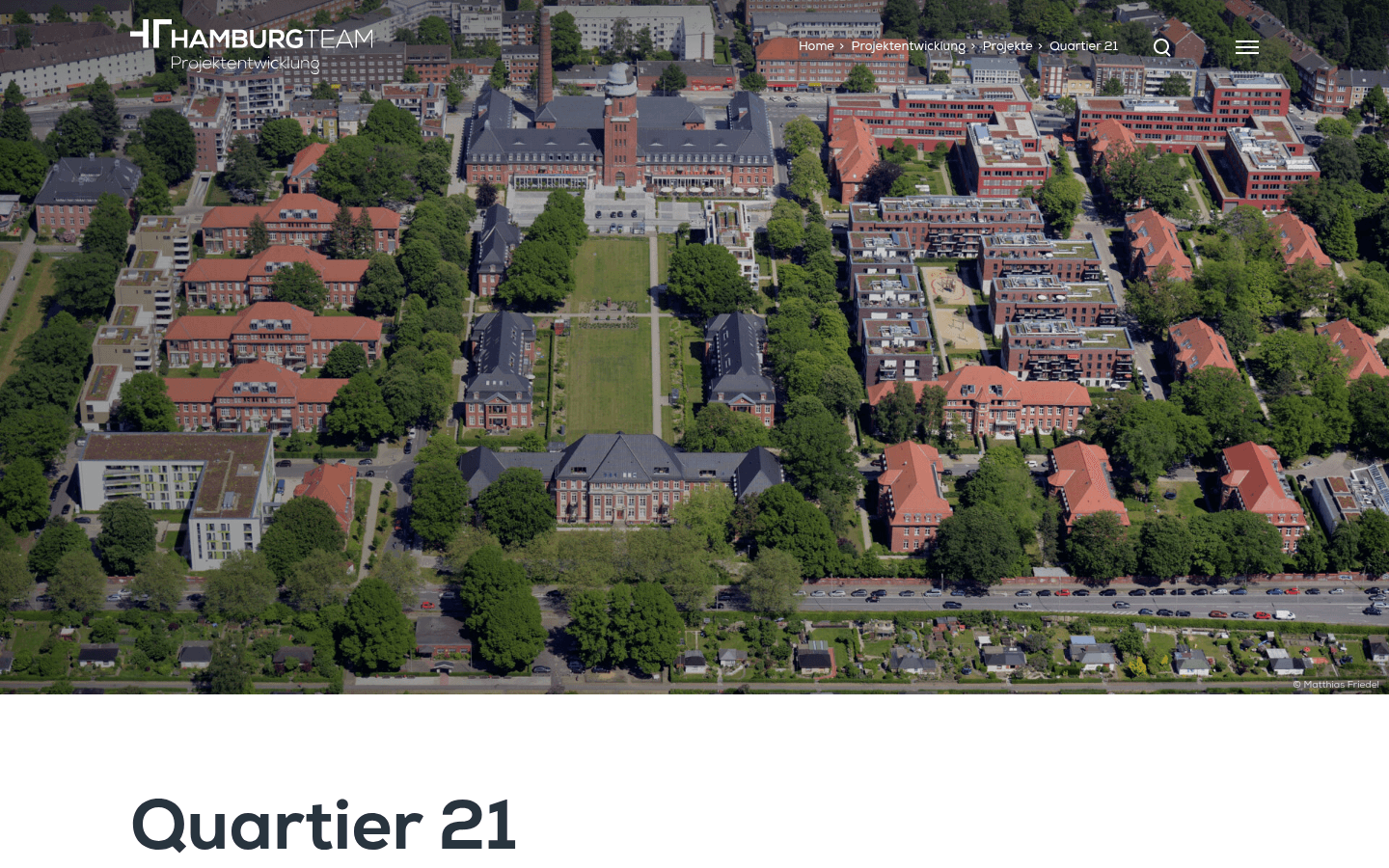 Quartiersansicht und saniertes Denkmalensemble auf der offiziellen HAMBURG-TEAM-Projektseite zum Quartier 21 in Hamburg-Barmb
