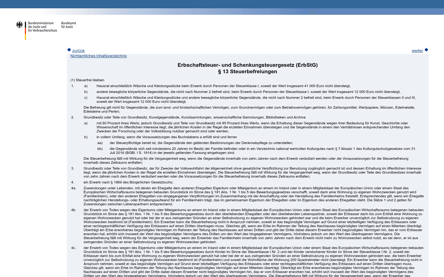 Gesetzestext von § 13 Abs. 1 Nr. 4b und 4c ErbStG zur Steuerbefreiung des Familienheims auf gesetze-im-internet.de