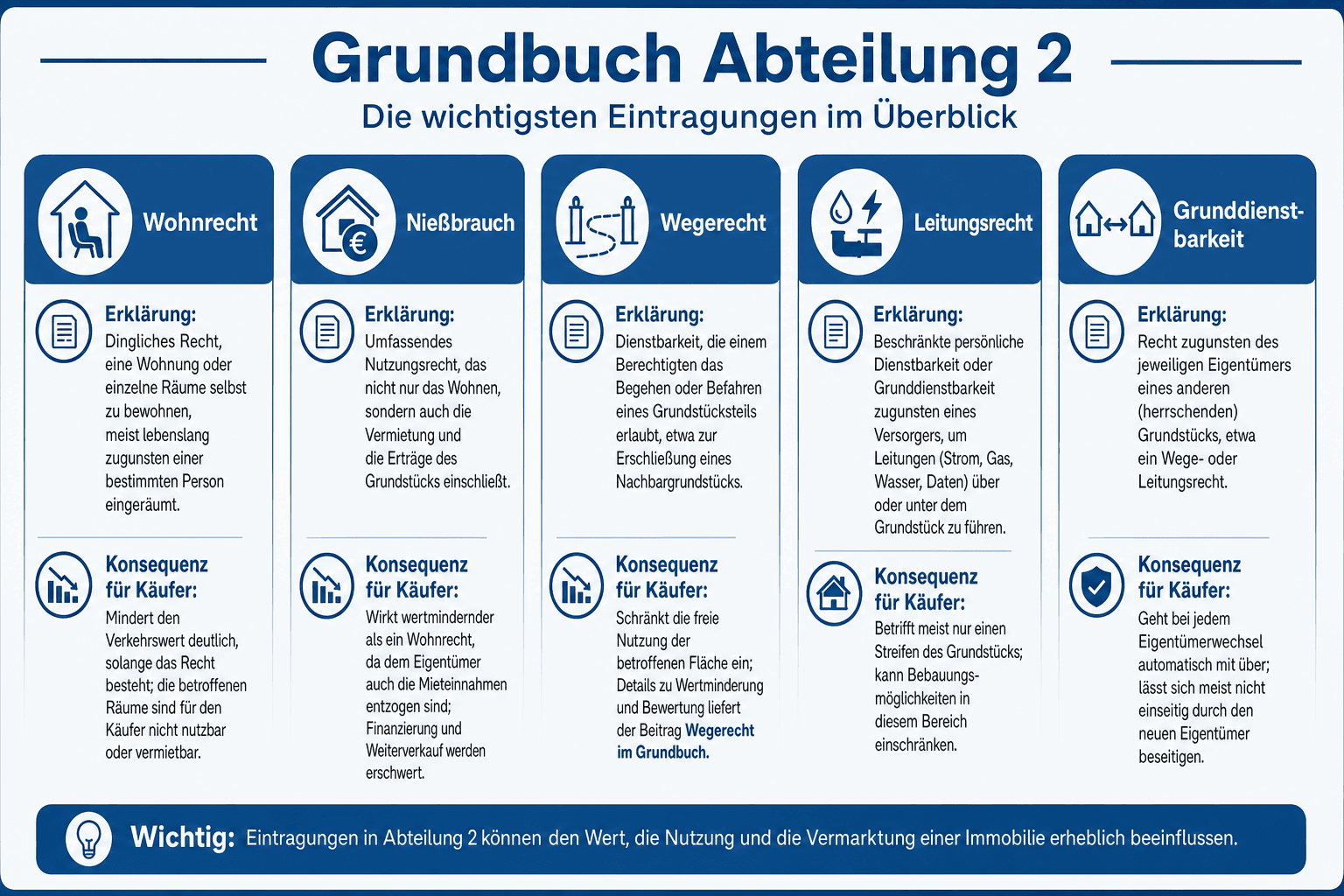 Schematischer Ausschnitt aus Grundbuch Abteilung II mit amtlichen Spaltenköpfen (lfd. Nr., Eigentümer betroffen, Art des Rechts, Berechtigter, Grundlage der Eintragung) und drei kommentierten Beispieleinträgen: Wohnrecht, Wegerecht, Auflassungsvormerkung.