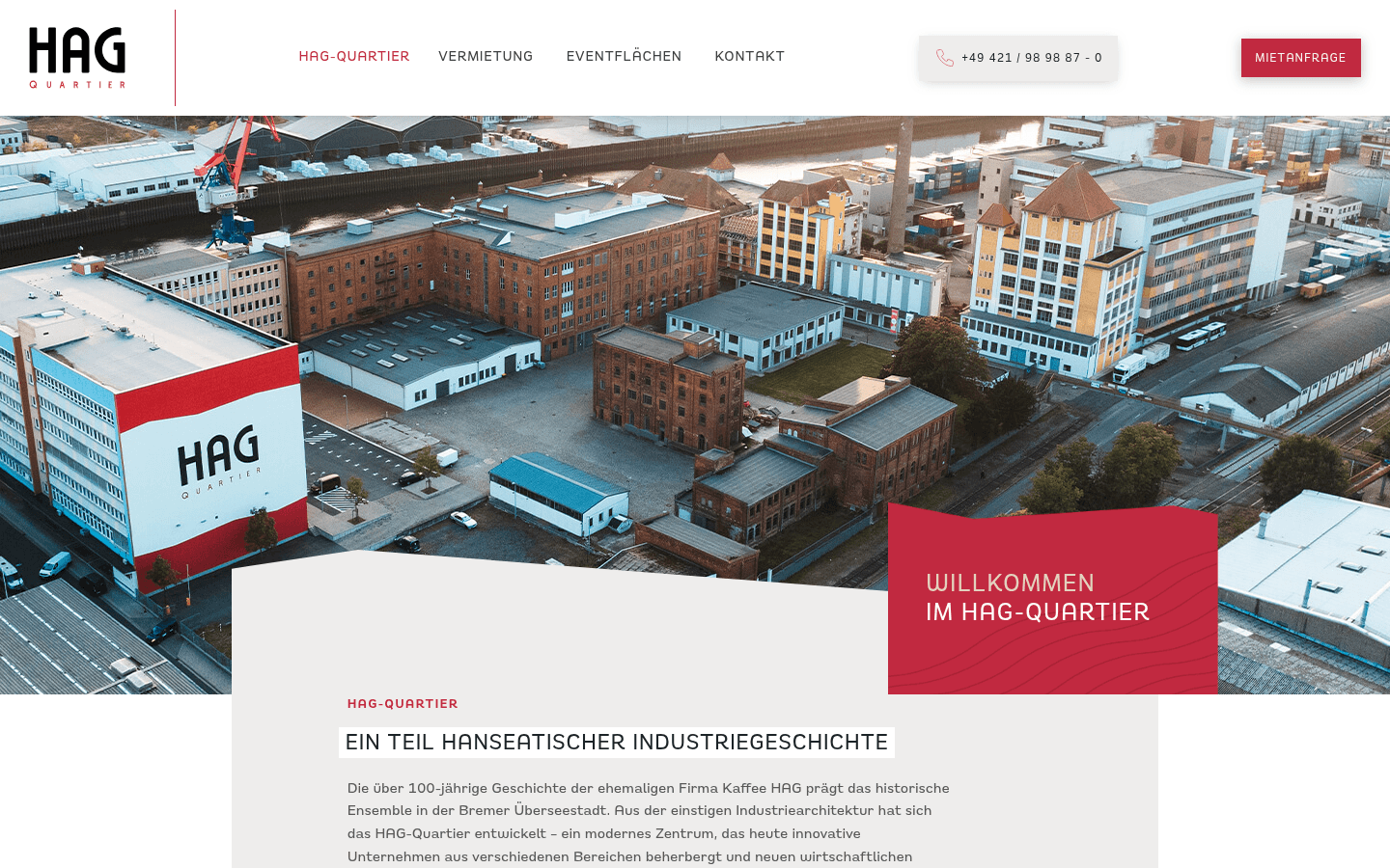 Startseite von hag-quartier.de mit dem denkmalgeschuetzten Fabrikensemble des HAG-Quartiers in Bremen