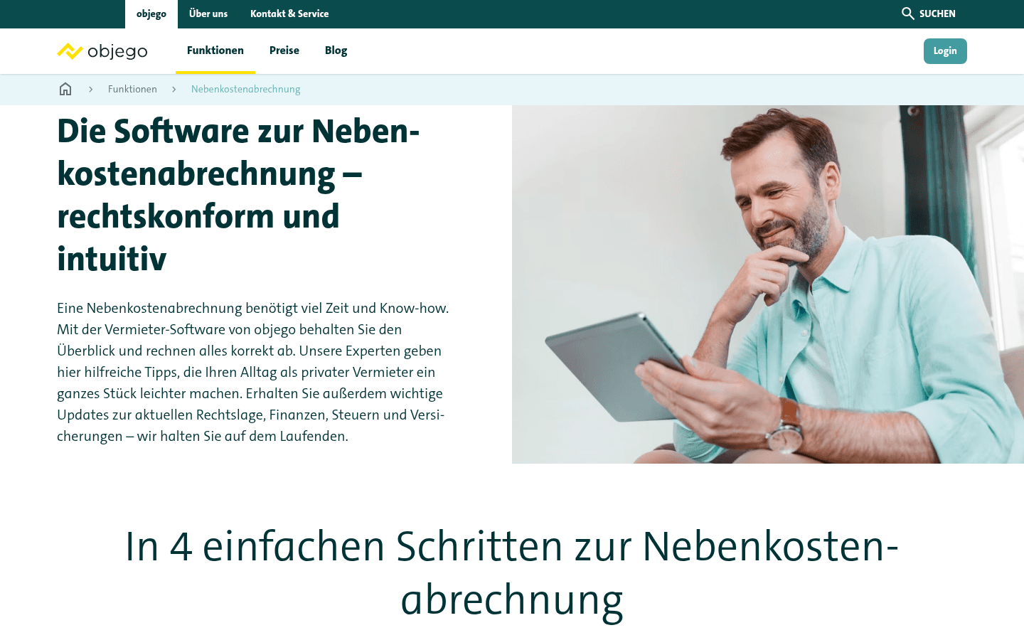 Funktionsseite von objego zur Nebenkostenabrechnung mit Umlageschlüssel-Prozess