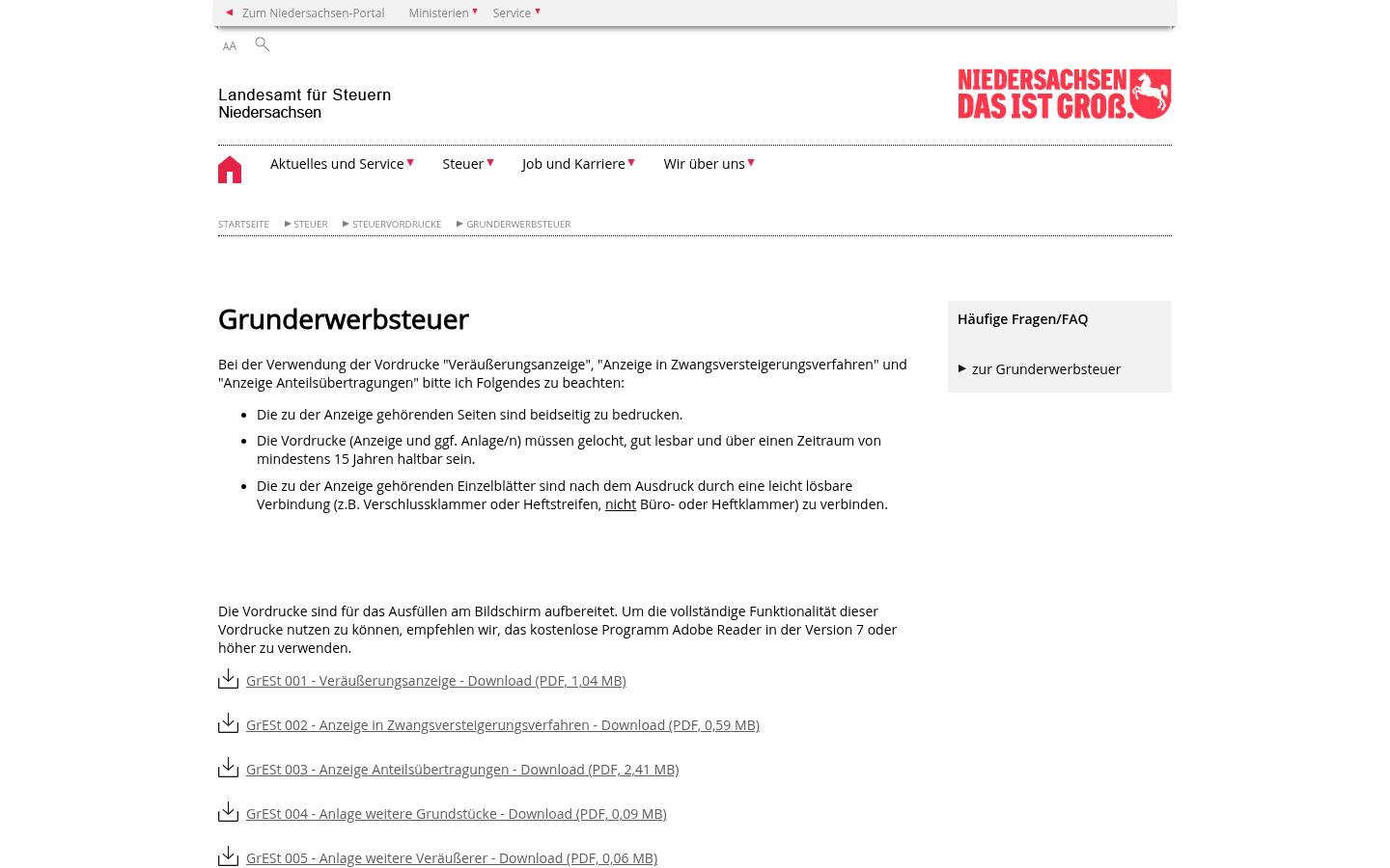 Offizielle Grunderwerbsteuer-Seite des Landesamts für Steuern Niedersachsen mit Satzangabe und Vordrucken
