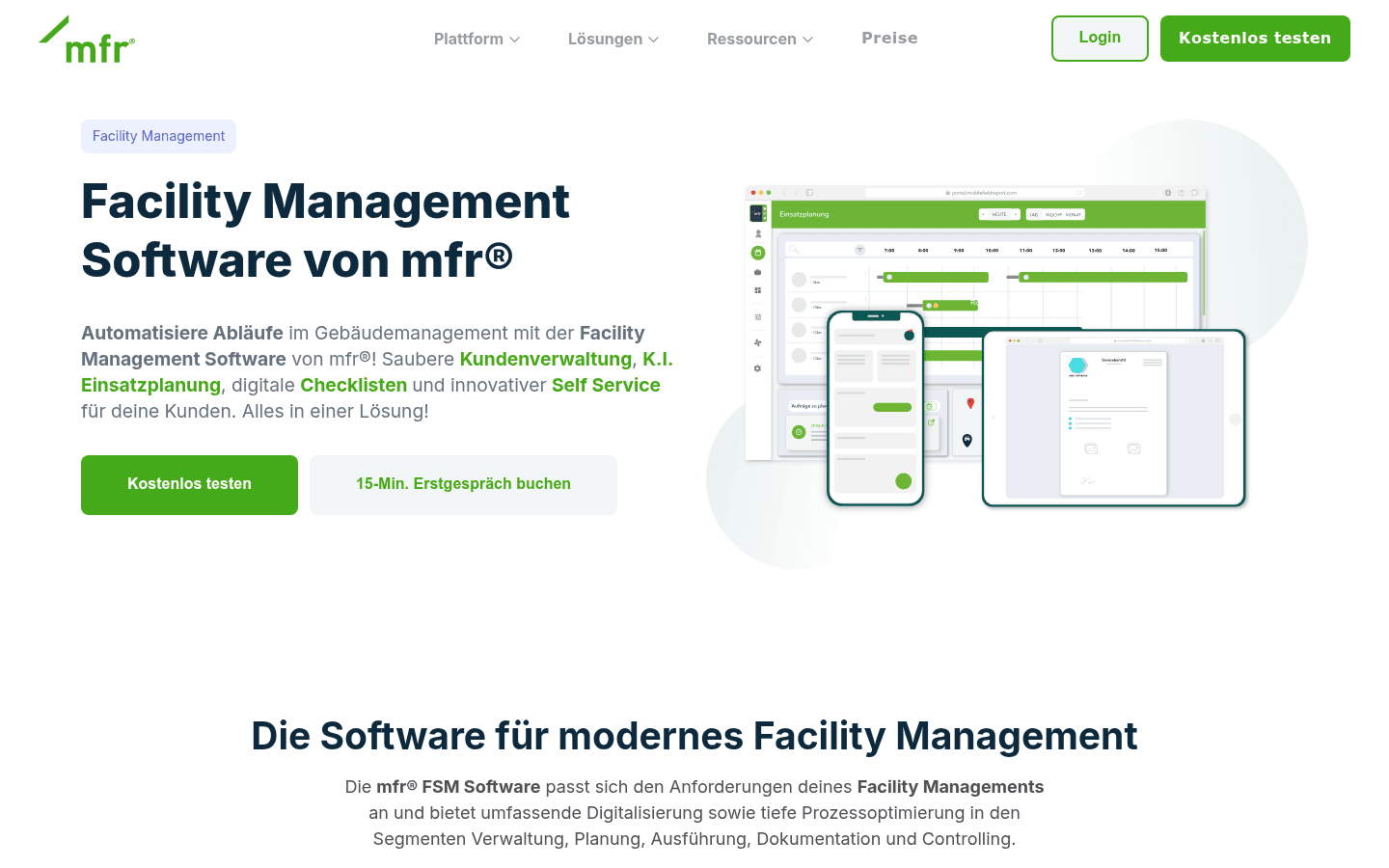 Oberfläche der mfr Facility-Management-Software mit Auftrags- und Wartungssteuerung