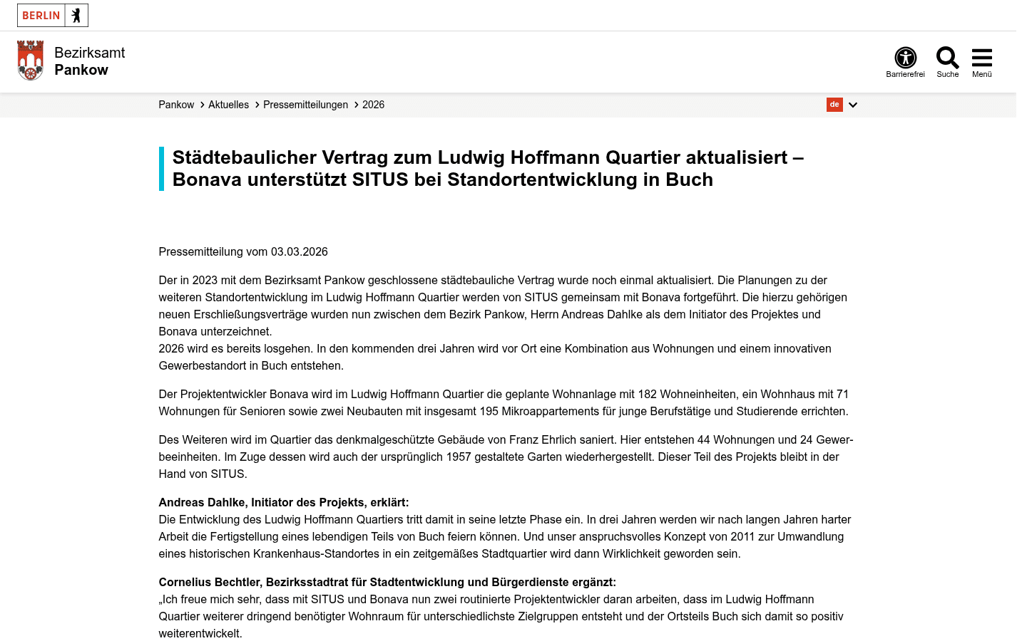 Screenshot der Pressemitteilung des Bezirksamts Pankow vom 3. März 2026 zum aktualisierten städtebaulichen Vertrag im Ludwig Hoffmann Quartier