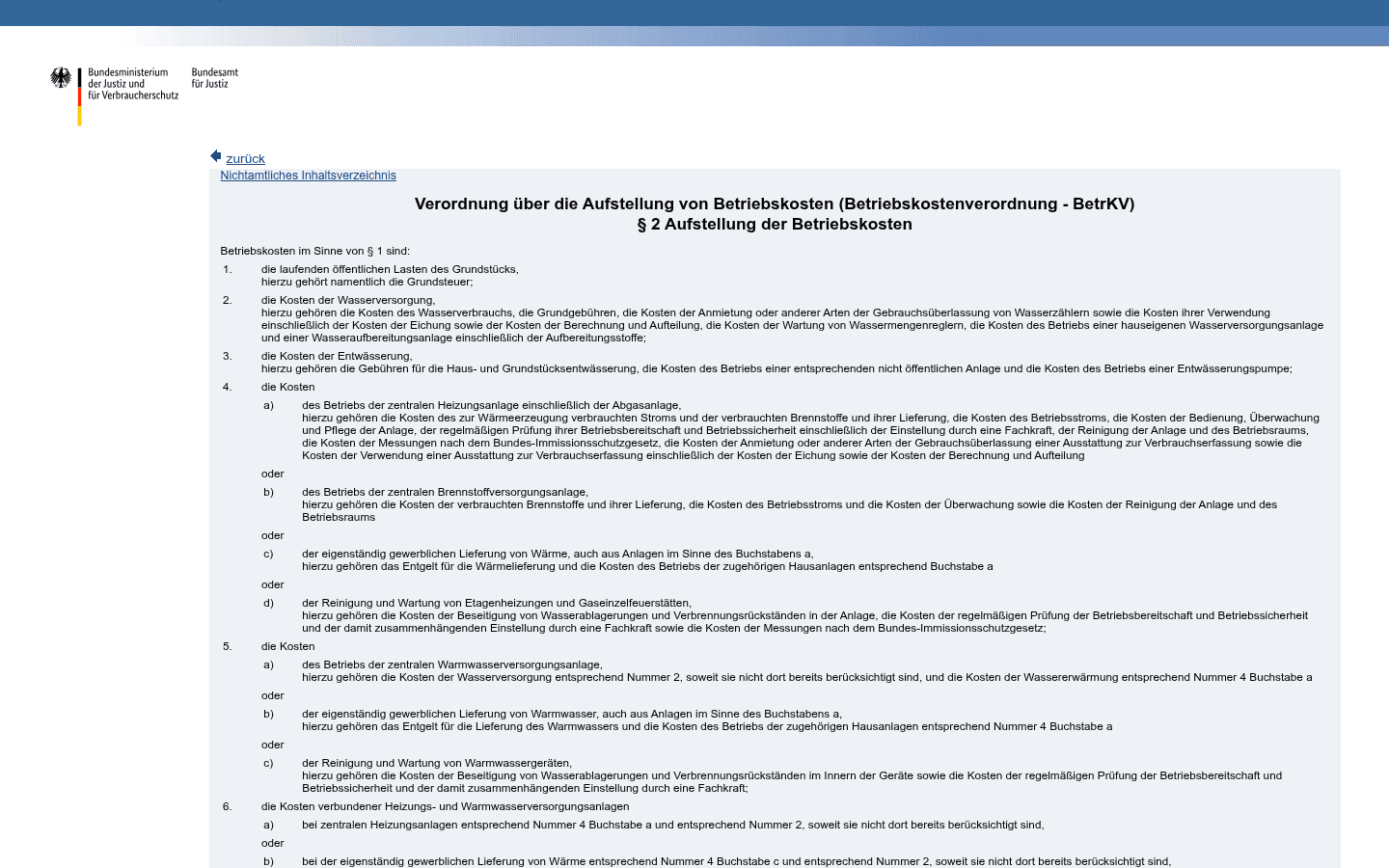Screenshot von § 2 Nr. 1 BetrKV zur Umlagefähigkeit der Grundsteuer auf gesetze-im-internet.de