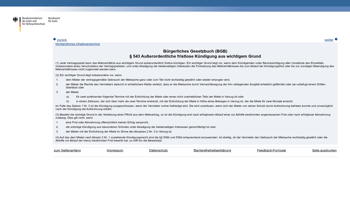 Screenshot von § 543 BGB mit den Zahlungsverzugs-Varianten nach Absatz 2 Nummer 3