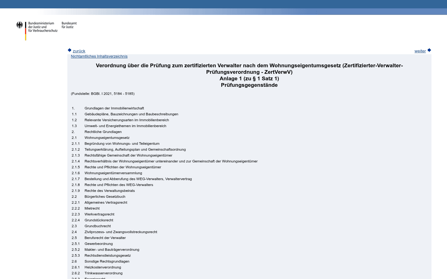 Amtliche Liste der Prüfungsgegenstände nach Anlage 1 ZertVerwV mit den vier Sachgebieten auf gesetze-im-internet.de