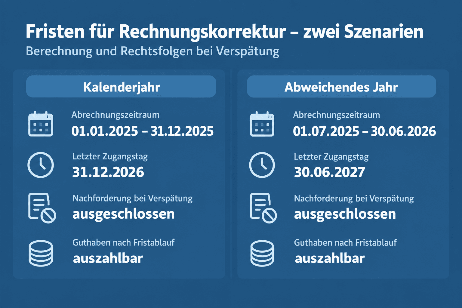 Infografik: Beispielrechnung: So wird die Frist konkret berechnet Szenario: Kalenderjahr | Abrechnungszeitraum: 01.01.2025 – 31.12.2...