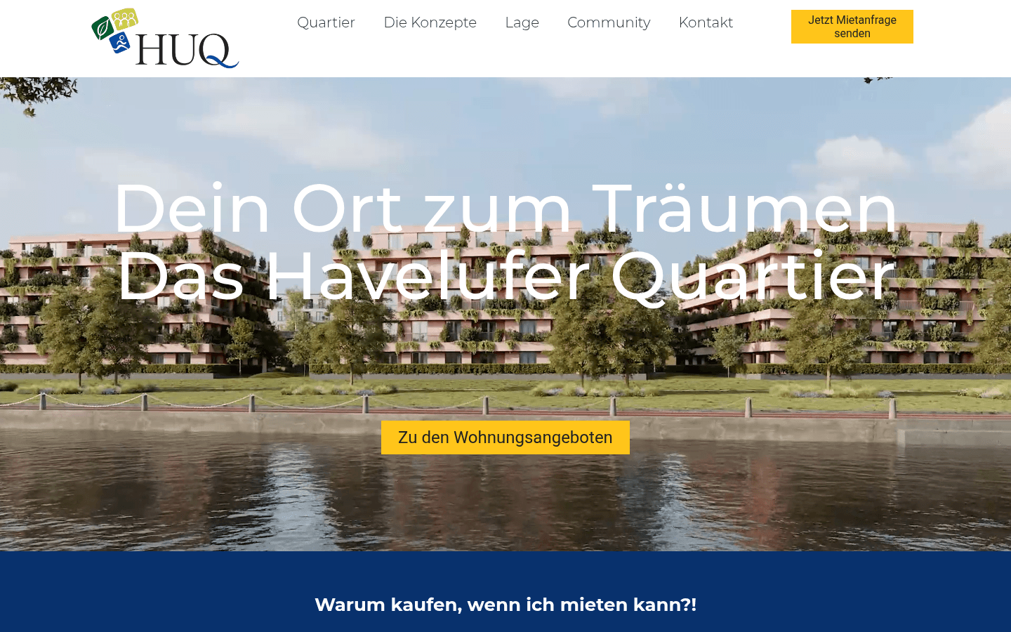 Startseite der offiziellen Projektwebsite havelufer-quartier.de mit Quartiersvisualisierung am Havelufer in Berlin-Spandau