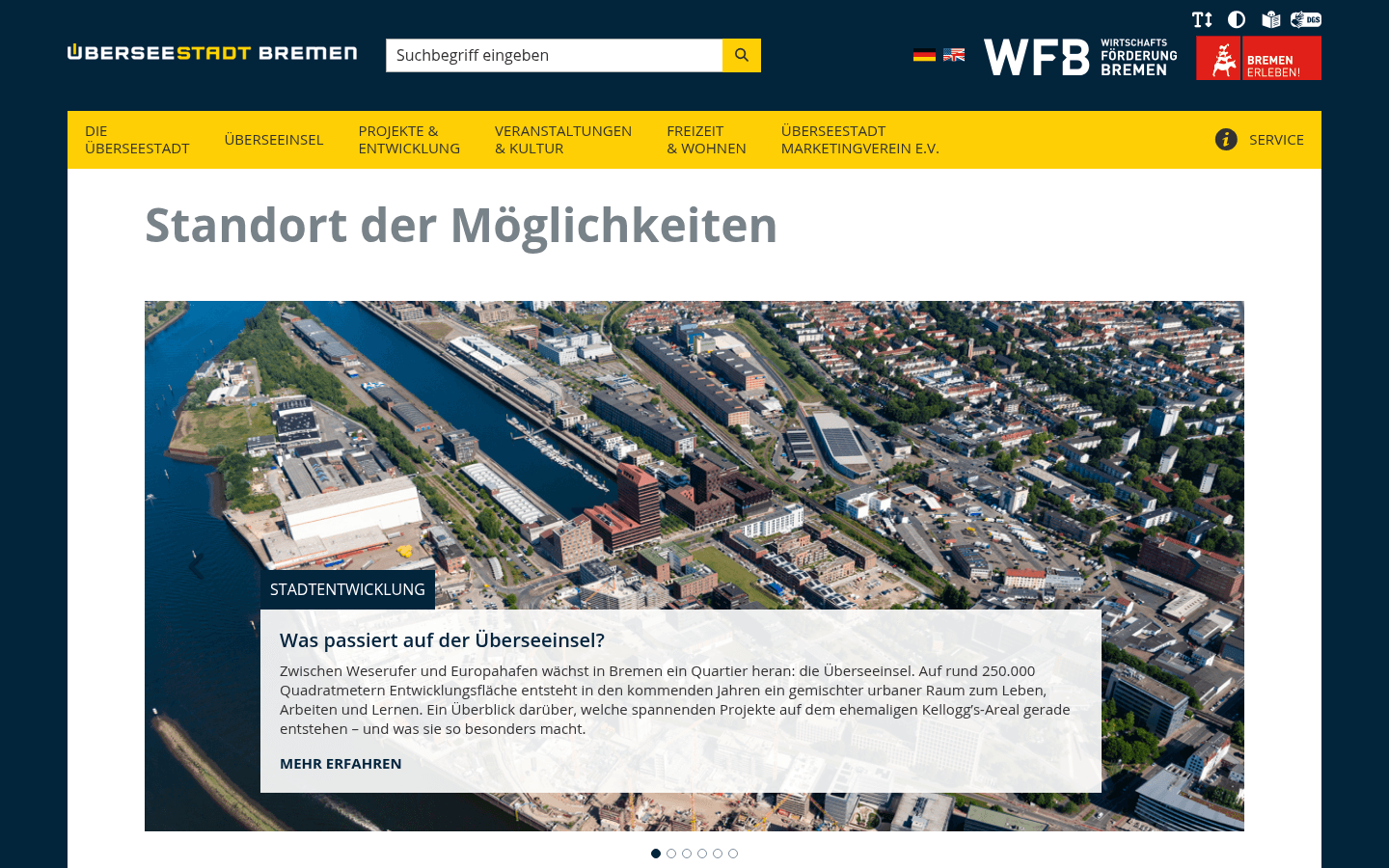 Startseite der Überseestadt Bremen mit Quartiersübersicht und Projektnews der WFB Wirtschaftsförderung Bremen