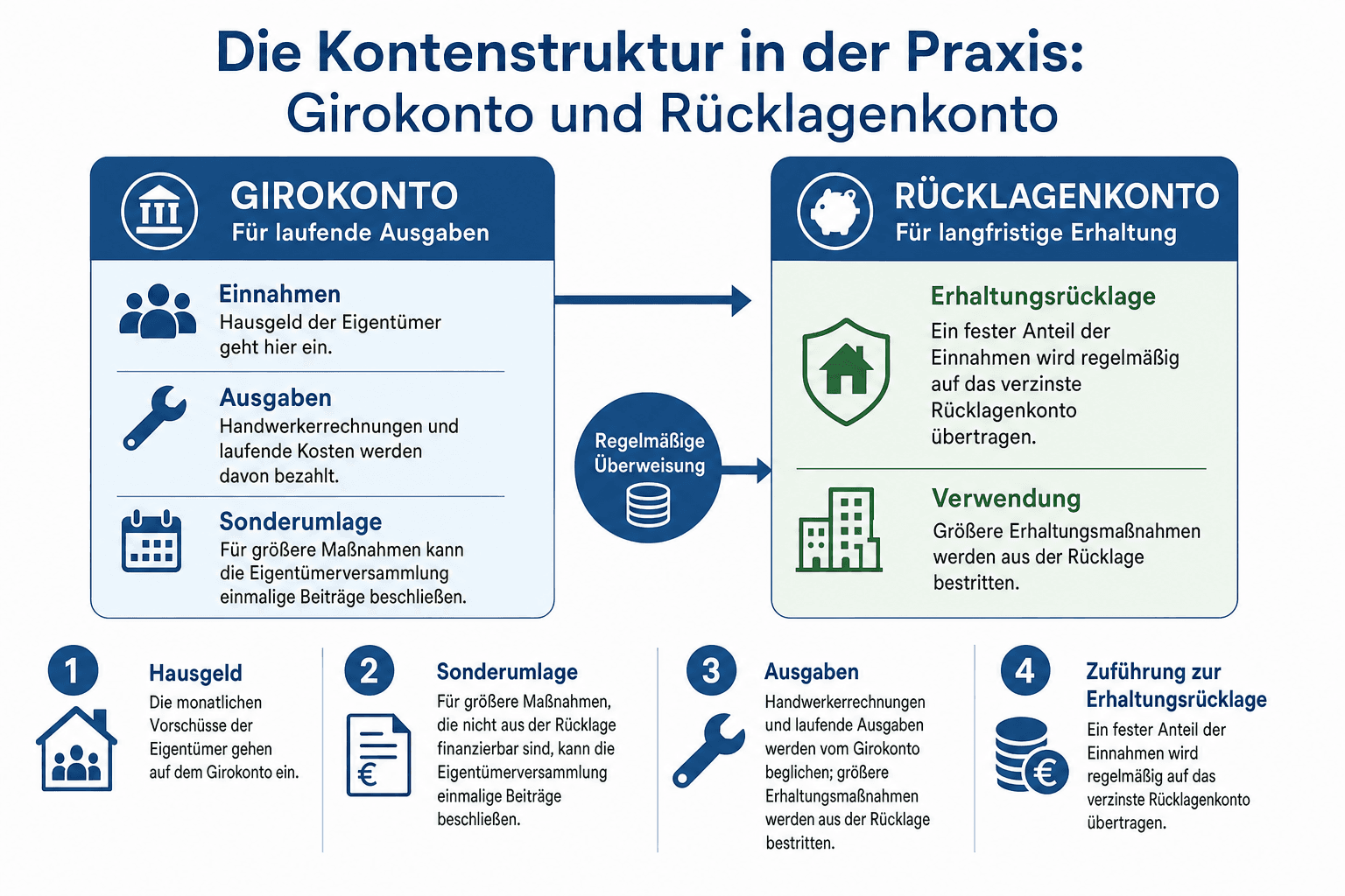 Titelgrafik: Kontenschema der WEG – Girokonto und Rücklagenkonto als zwei Kästen, mit beschrifteten Pfeilen für die ein- und ausgehenden Geldströme Hausgeld, Sonderumlage, Handwerkerrechnung und Zuführung zur Rücklage; der dritte Kasten Sammelkonto des Verwalters ist rot durchgestrichen