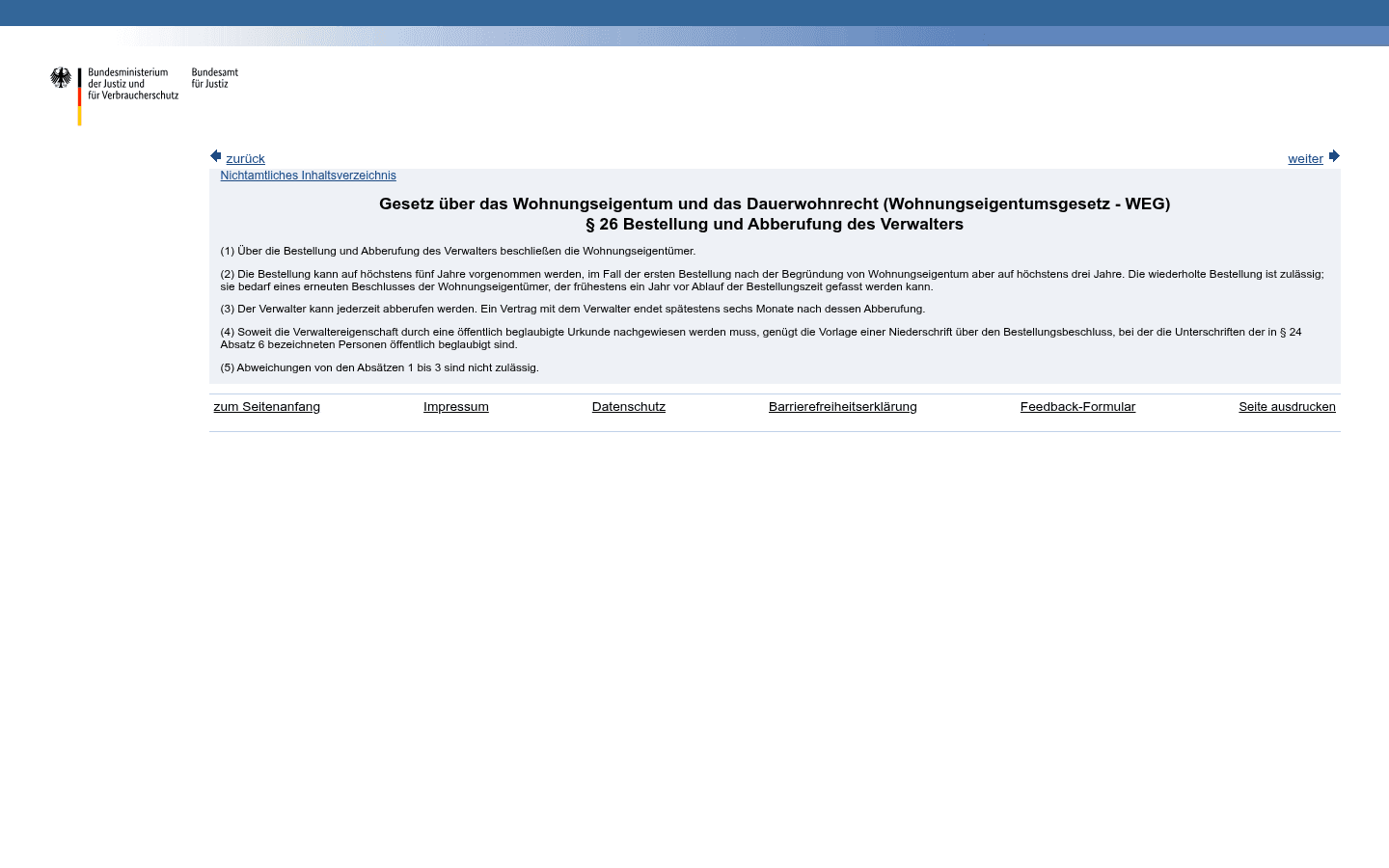 Gesetzestext von § 26 WEG auf gesetze-im-internet.de mit Absatz 3 zur jederzeitigen Abberufung und zum Vertragsende spätestens sechs Monate nach der Abberufung