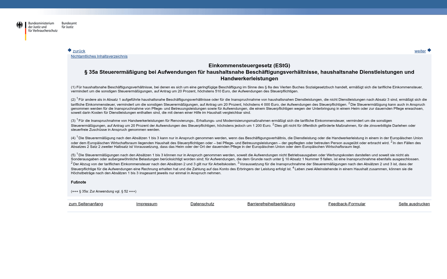 Gesetzestext von § 35a EStG auf gesetze-im-internet.de mit den Höchstbeträgen für haushaltsnahe Dienstleistungen und Handwerkerleistungen
