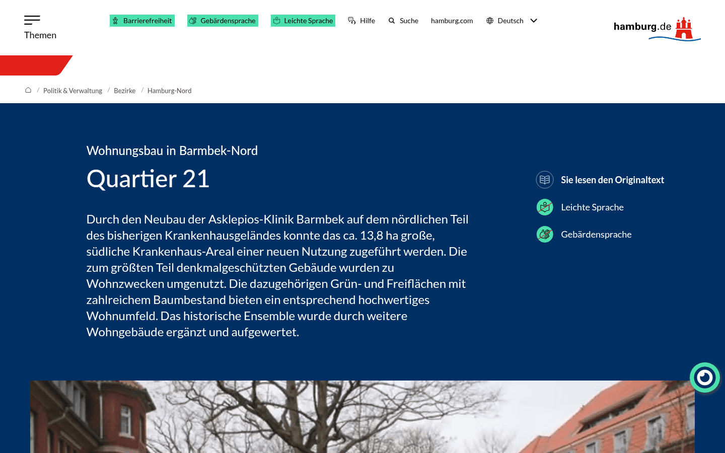 Staedtische Projektseite des Bezirks Hamburg-Nord zum Quartier 21 mit Wettbewerbsunterlagen und Lageplan