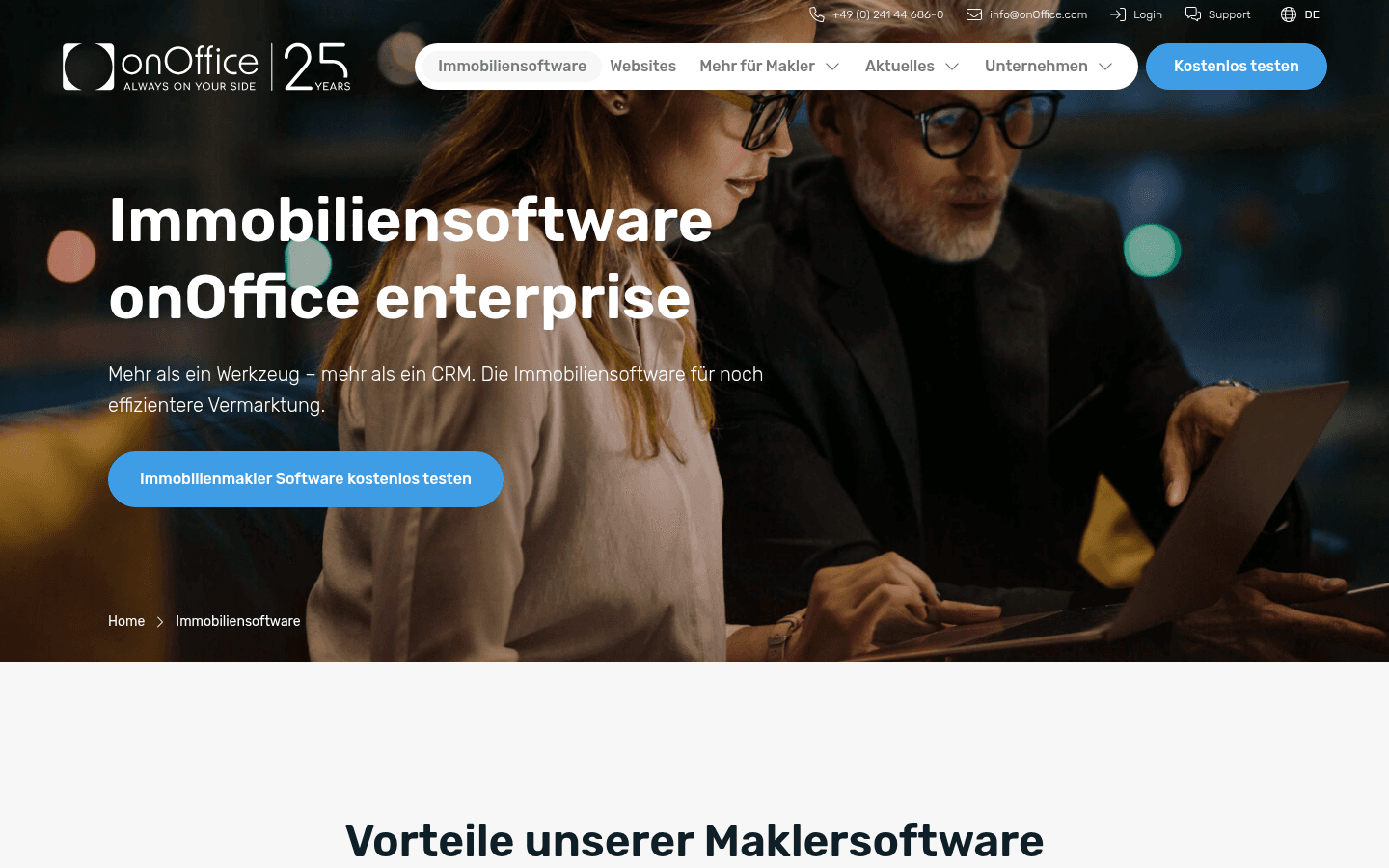 Startseite der Maklersoftware onOffice mit Übersicht der CRM-Funktionen für Makler
