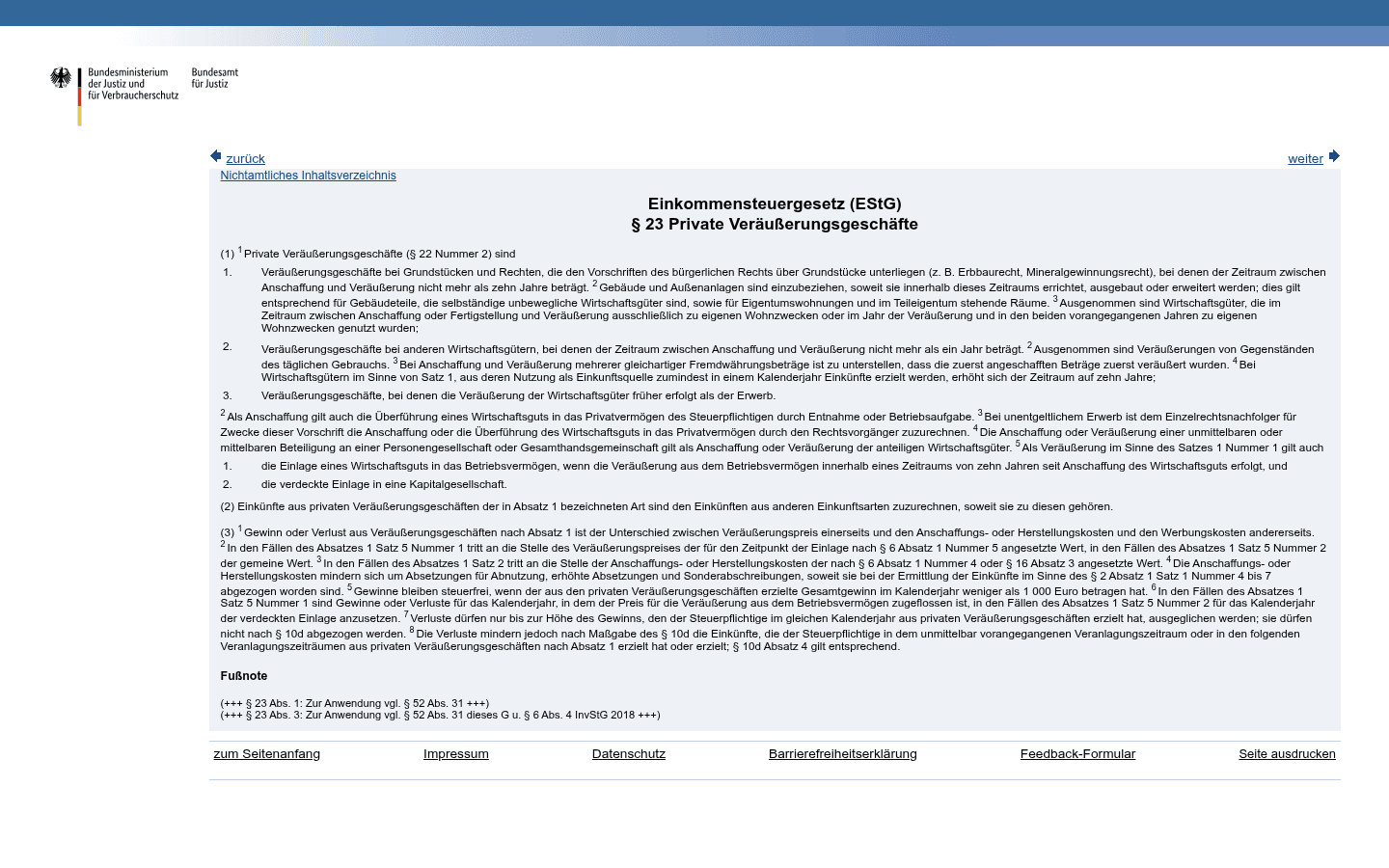 Gesetzestext von § 23 Abs. 1 Nr. 1 EStG mit der Ausnahmeregelung zur Nutzung zu eigenen Wohnzwecken auf gesetze-im-internet.de