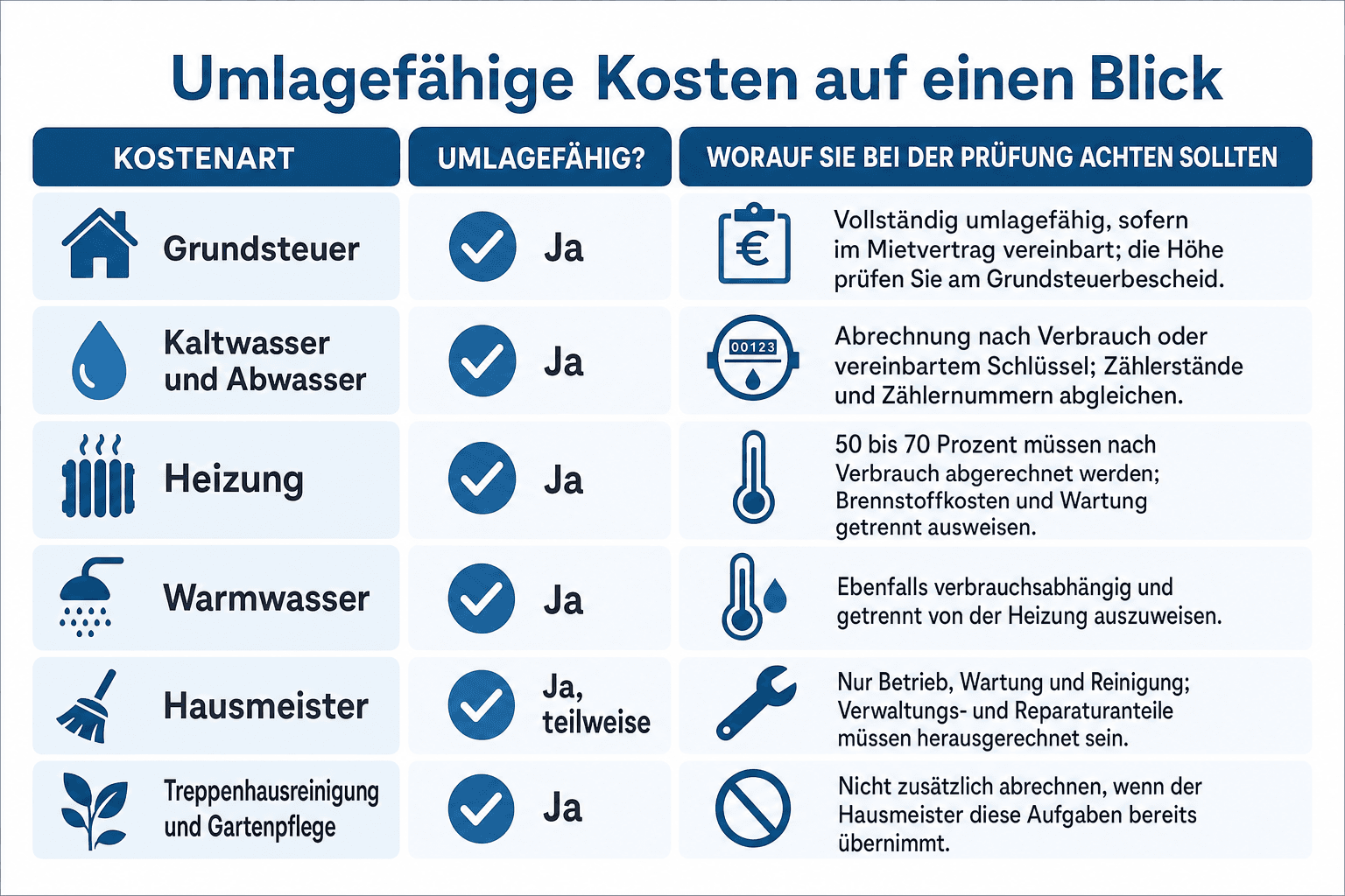 Infografik: Umlagefähige und nicht umlagefähige Kosten: die Prüf-Tabelle Kostenart: Grundsteuer | Umlagefähig?: Ja | Worauf Sie bei...