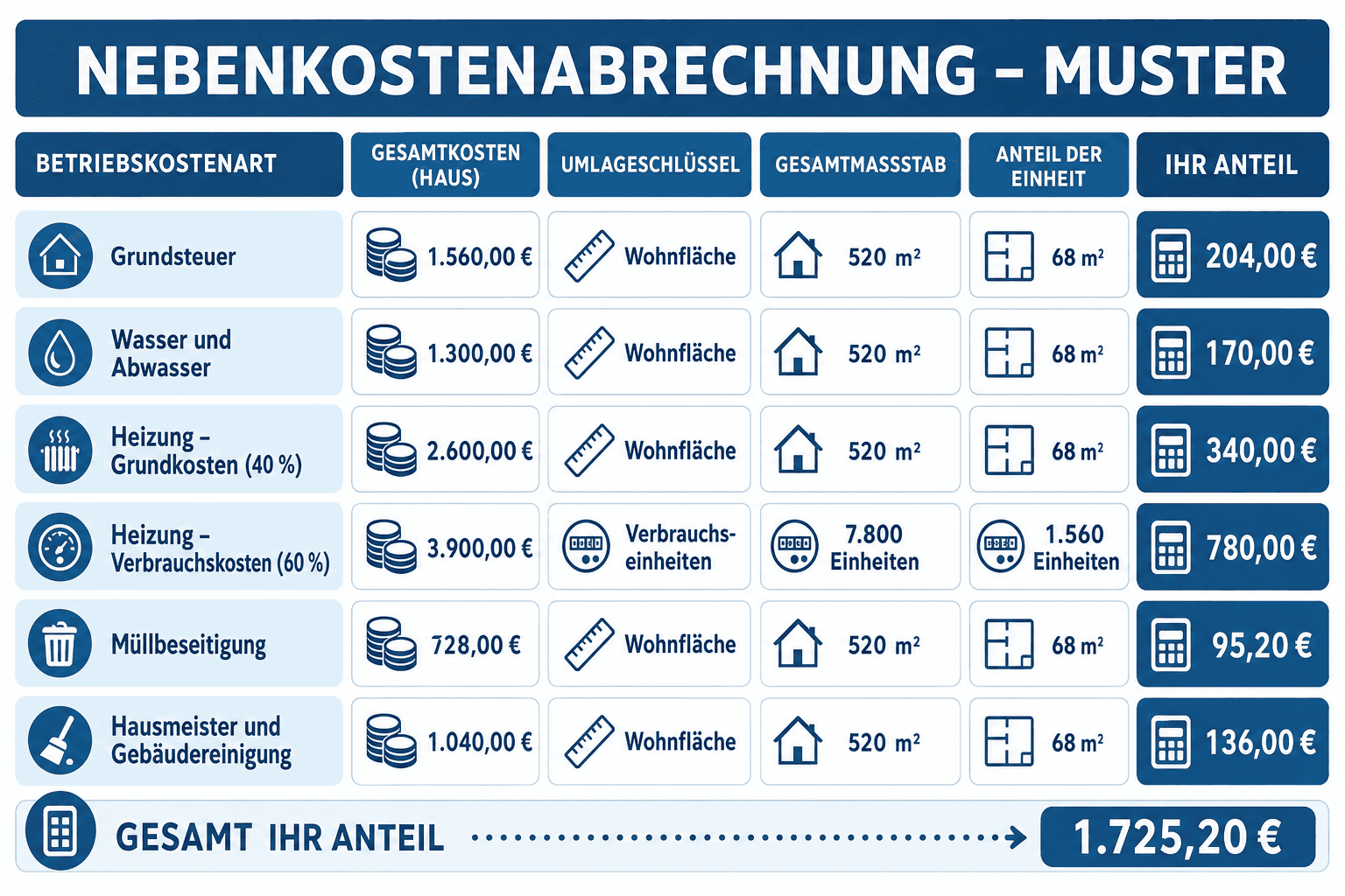 Infografik: Nebenkostenabrechnung Muster: Die vollständige Vorlage als Tabelle Betriebskostenart: Grundsteuer | Gesamtkosten (Haus):...