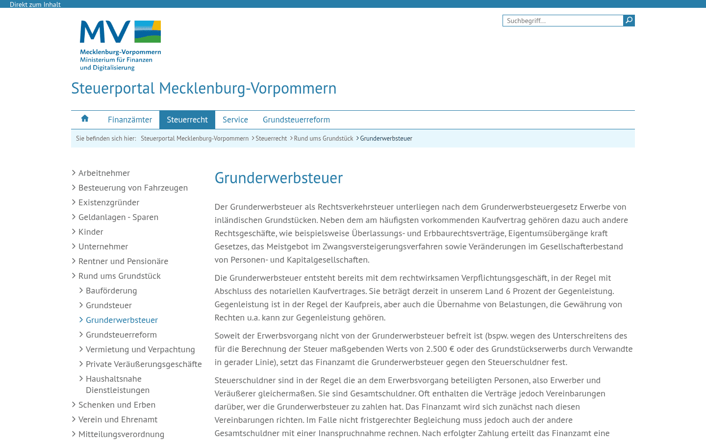 Screenshot des Steuerportals Mecklenburg-Vorpommern mit Angabe des Grunderwerbsteuersatzes von 6 Prozent