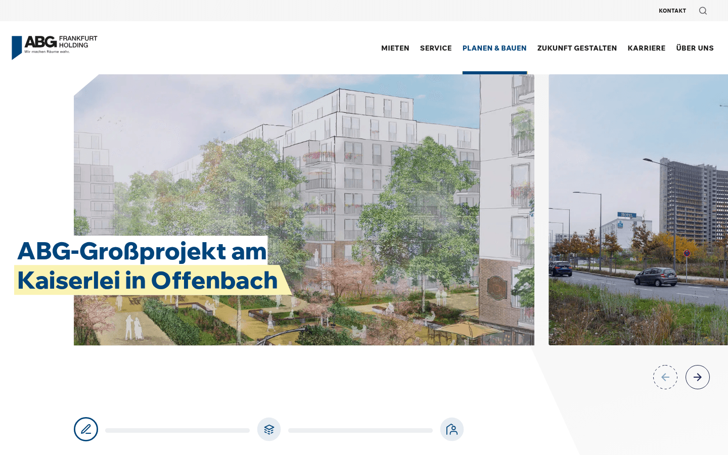 Projektseite der ABG Frankfurt Holding zum Kaiserviertel Offenbach mit Bauherrenvisualisierung und Projektkennzahlen