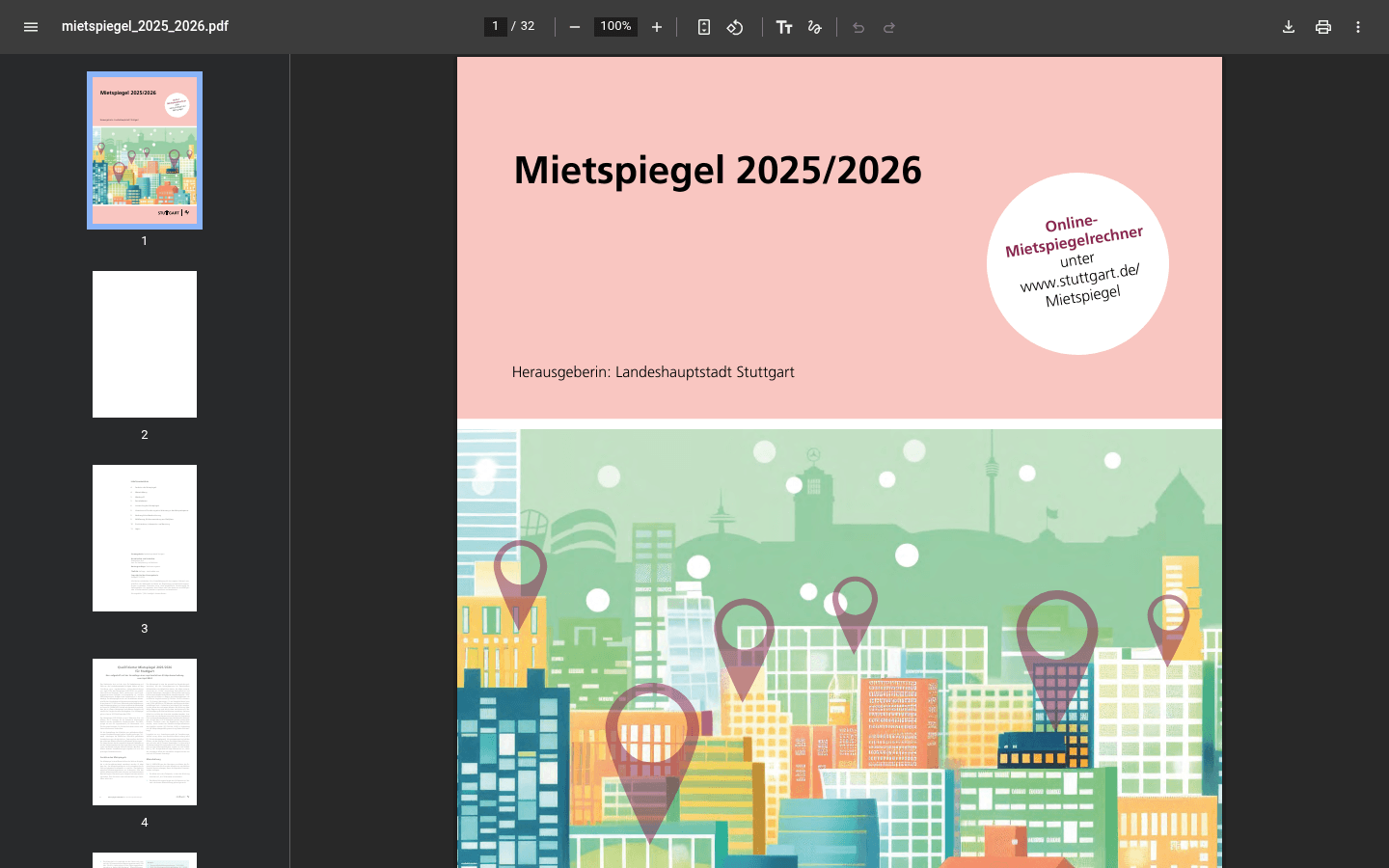 Grundwerttabelle des amtlichen Mietspiegels 2025/2026 der Landeshauptstadt Stuttgart nach Baualtersklasse und Wohnfläche