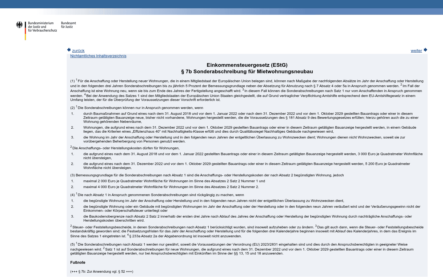 Screenshot von § 7b EStG auf gesetze-im-internet.de mit den Regelungen zu Baukostenobergrenze, Bemessungsgrundlage und Vermietungspflicht