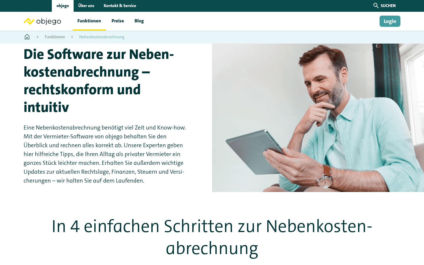 Funktionsansicht der Nebenkostenabrechnung von objego mit den vier Bearbeitungsschritten