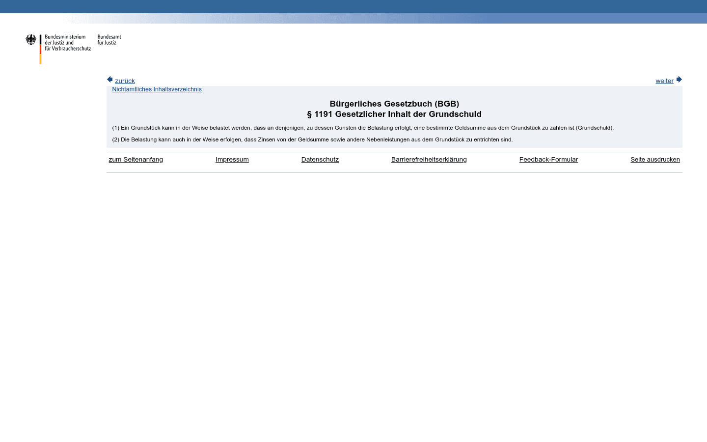 Gesetzestext des § 1191 BGB zur Definition der Grundschuld auf gesetze-im-internet.de